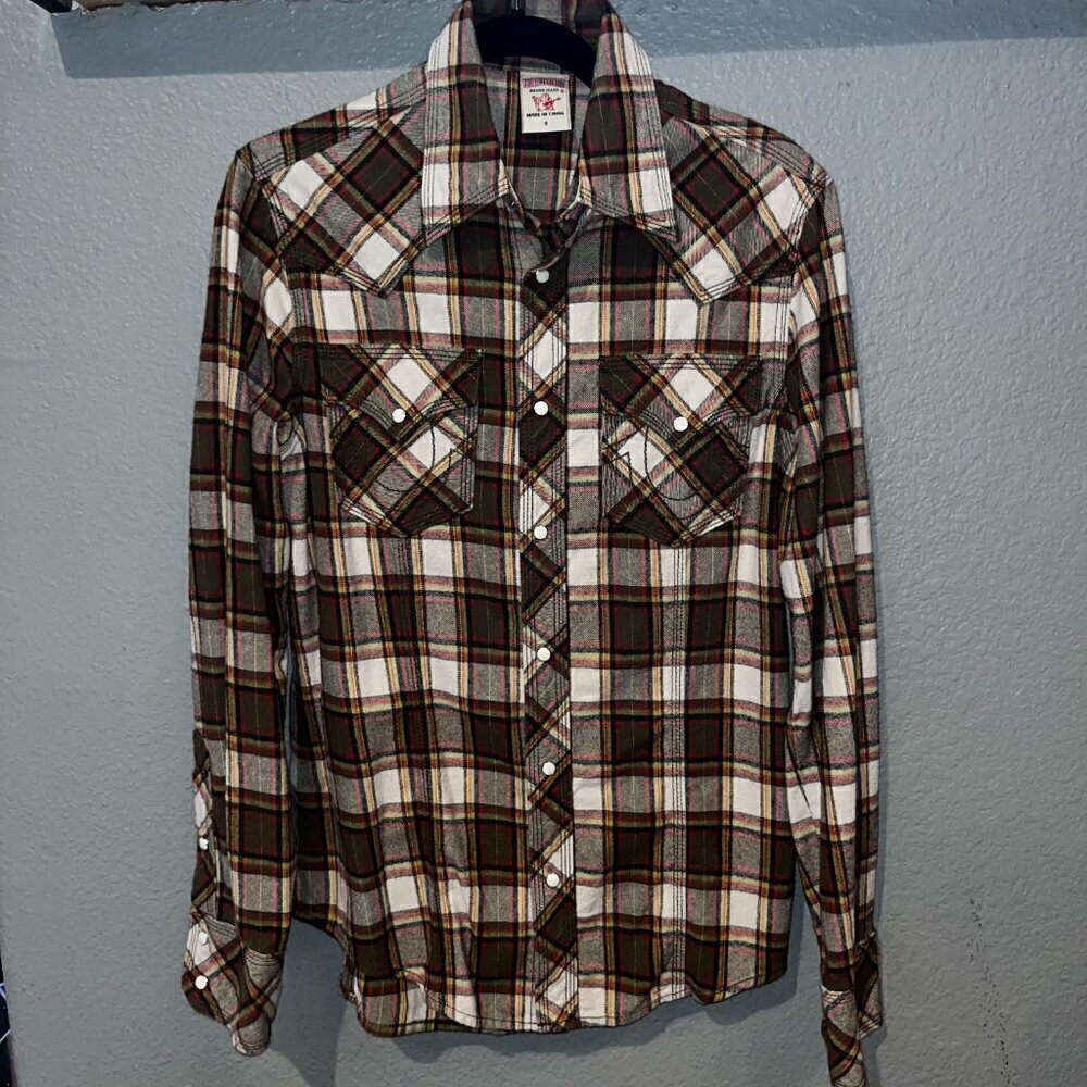 TRUE RELIGION Western Snap Front Horseshoe Pocket Plaid Flannel Shirt Men's S